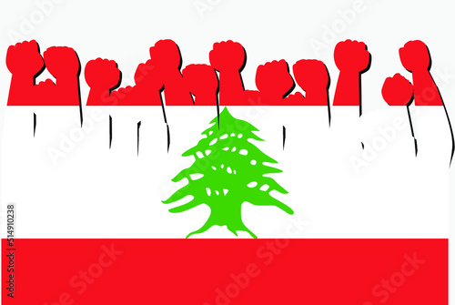 Lebanon flag with raised protest hands vector, country flag logo, Lebanon protesting concept