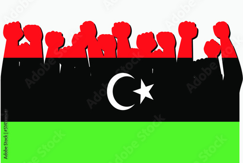 Libya flag with raised protest hands vector, country flag logo, Libya protesting concept