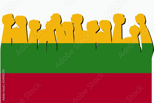 Lithuania flag with raised protest hands vector, country flag logo, Lithuania protesting concept