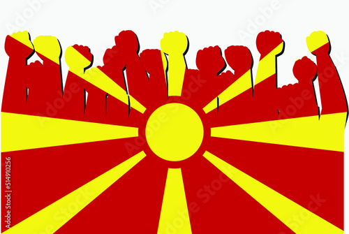 Macedonia flag with raised protest hands vector, country flag logo, Macedonia protesting concept
