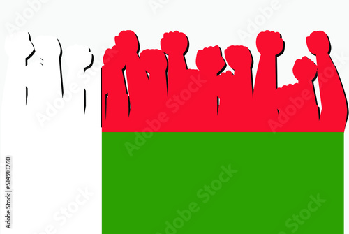 Madagascar flag with raised protest hands vector, country flag logo, Madagascar protesting concept
