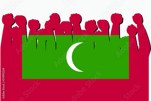 Maldives flag with raised protest hands vector, country flag logo, Maldives protesting concept