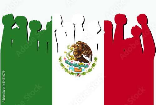 Mexico flag with raised protest hands vector, country flag logo, Mexico protesting concept