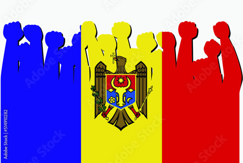 Moldova flag with raised protest hands vector, country flag logo, Moldova protesting concept