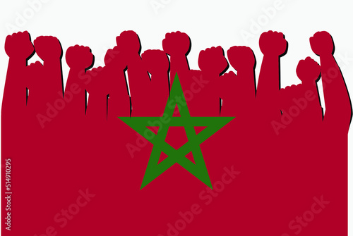 Morocco flag with raised protest hands vector, country flag logo, Morocco protesting concept