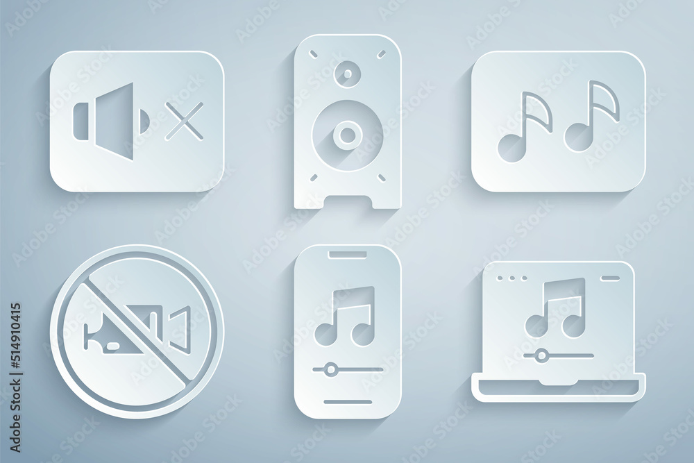 Set Music player, note, tone, Prohibition video recording, Laptop with music, Stereo speaker and Speaker mute icon. Vector Set Music player, note, tone, Prohibition video recording, Laptop with music, Stereo speaker and Speaker mute icon. Vector