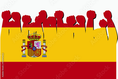 Spain flag with raised protest hands vector, country flag logo, Spain protesting concept