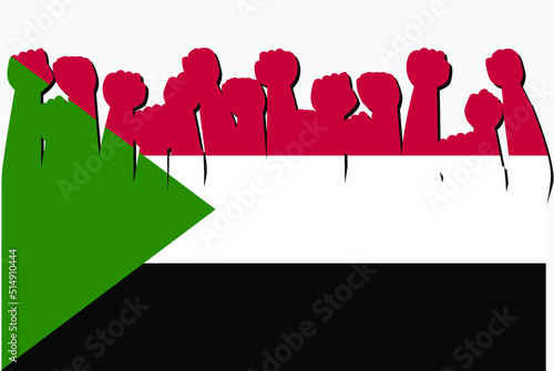 Sudan flag with raised protest hands vector, country flag logo, Sudan protesting concept
