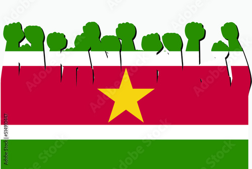 Suriname flag with raised protest hands vector, country flag logo, Suriname protesting concept