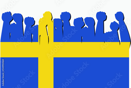 Sweden flag with raised protest hands vector, country flag logo, Sweden protesting concept