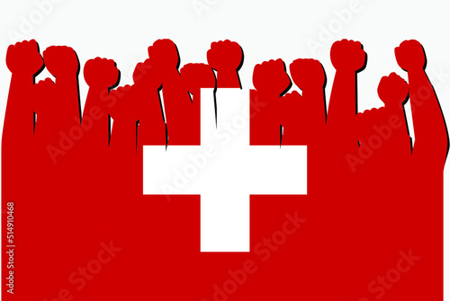 Switzerland flag with raised protest hands vector, country flag logo, Switzerland protesting concept