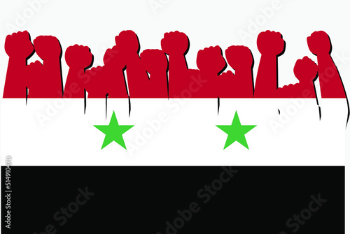 Syria flag with raised protest hands vector, country flag logo, Syria protesting concept