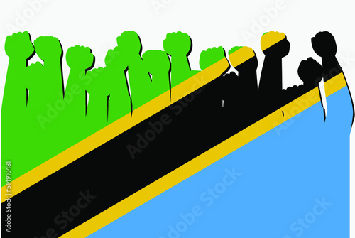Tanzania flag with raised protest hands vector, country flag logo, Tanzania protesting concept