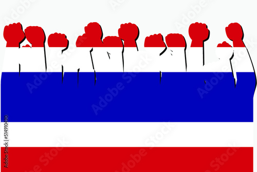 Thailand flag with raised protest hands vector, country flag logo, Thailand protesting concept