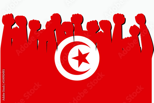 Tunisia flag with raised protest hands vector, country flag logo, Tunisia protesting concept