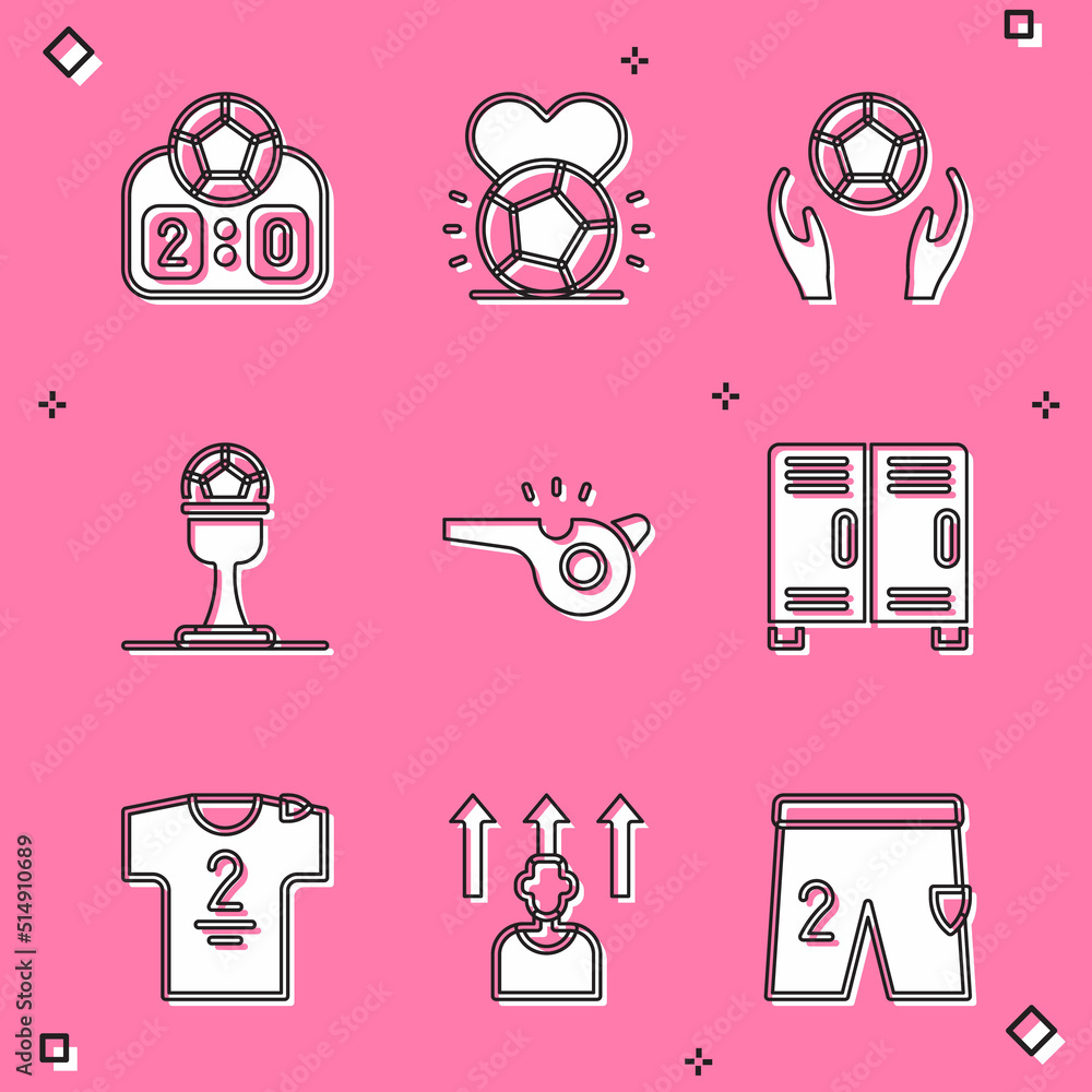 Set Sport mechanical scoreboard, Soccer football ball, Award cup and, Whistle, Locker changing room, Football jersey t-shirt and soccer player icon. Vector Set Sport mechanical scoreboard, Soccer football ball, Award cup and, Whistle, Locker changing room, Football jersey t-shirt and soccer player icon. Vector