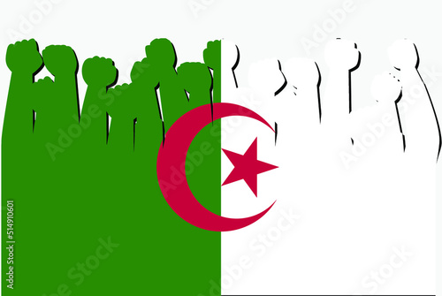 Algeria flag with raised protest hands vector, country flag logo, Algeria protesting concept