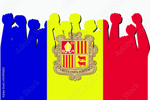 Andorra flag with raised protest hands vector, country flag logo, Andorra protesting concept
