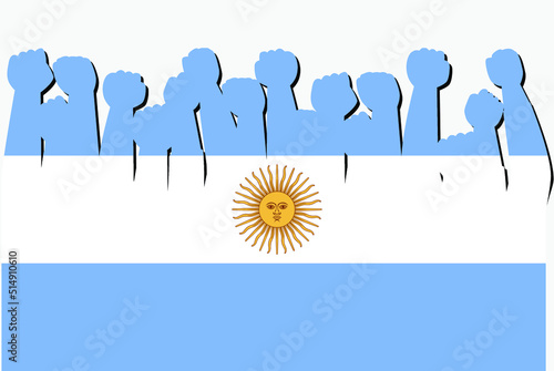 Argentina flag with raised protest hands vector, country flag logo, Argentina protesting concept