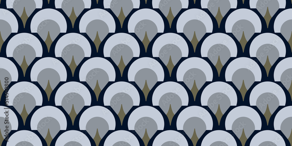 Fototapeta premium Elegant fan pattern abstract simple silhouettes geometric shape continuous background. Modern lux fabric design textile swatch ladies dress all over print block.
