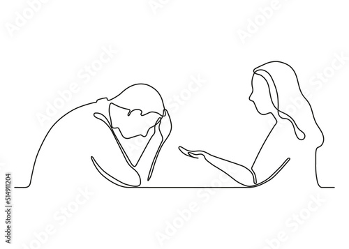 Talk couple in crisis, conversation in relationship, psychological problem, continuous one line drawing. Sad man and woman. Crisis therapy, counselling for family under stress, depression. Vector