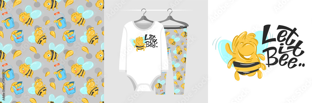Seamless pattern and illustration set with bee and quote Let it bee. Baby design pajamas, background for apparel, room decor, tee print, baby shower party invitation, fabric design, wrapping Seamless pattern and illustration set with bee and quote Let it bee. Baby design pajamas, background for apparel, room decor, tee print, baby shower party invitation, fabric design, wrapping