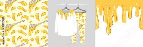 Seamless pattern and illustration set with endless honey border. Baby design pajamas, background for apparel, room decor, tee print, baby shower party invitation, fabric design