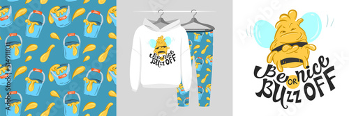 Canvastavla Seamless pattern and illustration set with bee and quote Bee nice or buzz off
