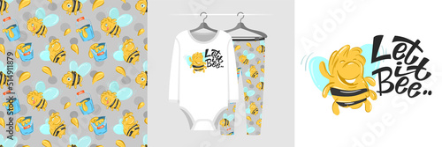 Seamless pattern and illustration set with bee and quote Let it bee. Baby design pajamas, background for apparel, room decor, tee print, baby shower party invitation, fabric design, wrapping