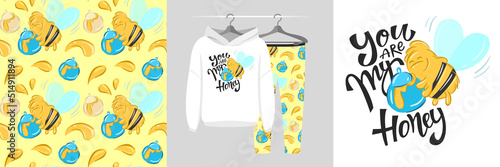 Seamless pattern and illustration set with bee and quote You are my honey. Baby design pajamas, background for apparel, room decor, tee print, baby shower party invitation, fabric design, wrapping