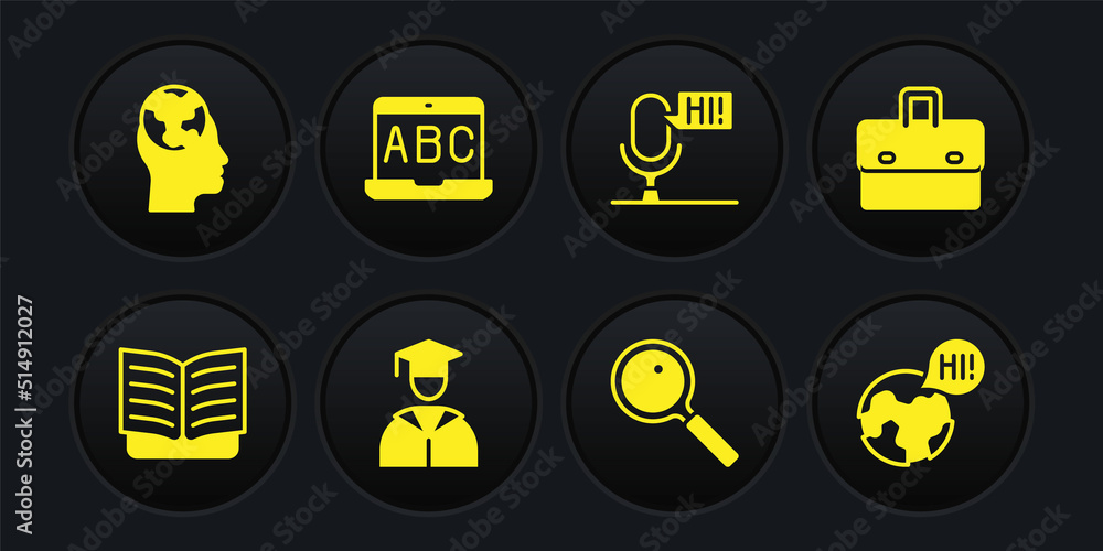 Set Open book, Briefcase, Graduate and graduation cap, Magnifying glass, Microphone voice device, Foreign language online study, Learning foreign languages and icon. Vector Set Open book, Briefcase, Graduate and graduation cap, Magnifying glass, Microphone voice device, Foreign language online study, Learning foreign languages and icon. Vector