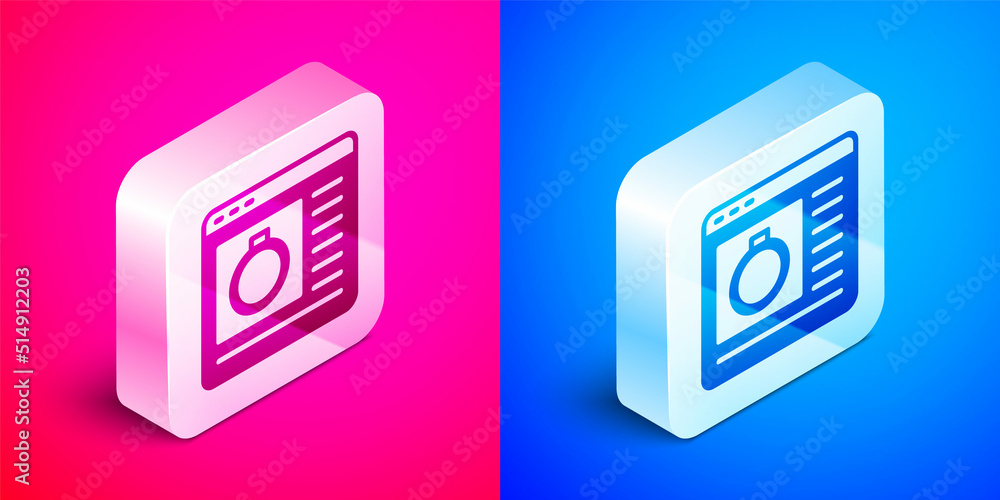 Isometric Jewelry online shopping icon isolated on pink and blue background. Silver square button. Vector Isometric Jewelry online shopping icon isolated on pink and blue background. Silver square button. Vector