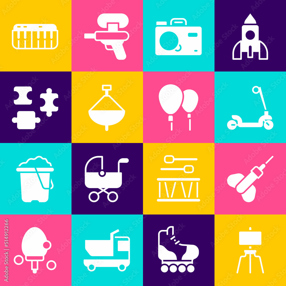Set Wood easel, Dart arrow, Roller scooter, Photo camera, Whirligig toy, Puzzle pieces, Music synthesizer and Balloons icon. Vector Set Wood easel, Dart arrow, Roller scooter, Photo camera, Whirligig toy, Puzzle pieces, Music synthesizer and Balloons icon. Vector