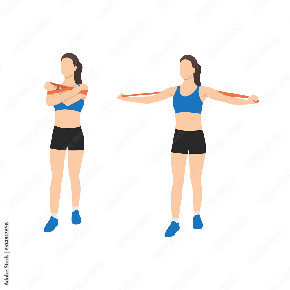 Woman doing Chest crossover with long resistance band exercise. Flat vector illustration isolated on white background Woman doing Chest crossover with long resistance band exercise. Flat vector illustration isolated on white background