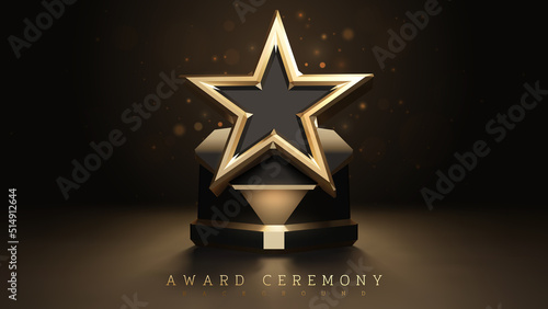 Award ceremony background with 3d gold star element and glitter light effect decoration and bokeh.