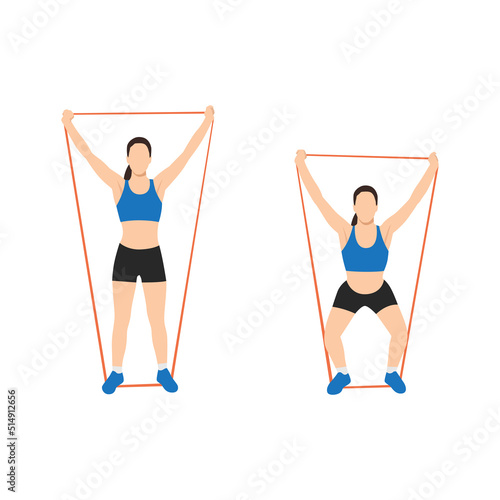Woman doing Overhead squat with long resistance band exercise. Flat vector illustration isolated on white background