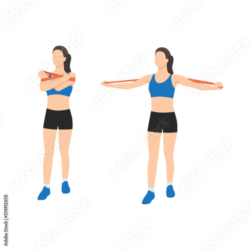 Woman doing Chest crossover with long resistance band exercise. Flat vector illustration isolated on white background