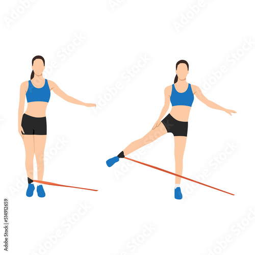 Woman doing Butt. cable standing abduction with long resistance band exercise. Flat vector illustration isolated on white background