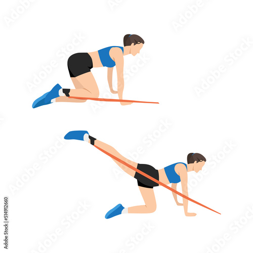 Woman doing Donkey kicks with long resistance band for butt exercise. Flat vector illustration isolated on white background