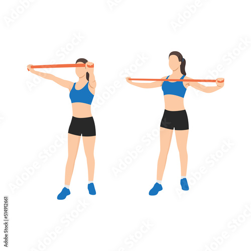Woman doing Upper back reverse fly with long resistance band exercise. Flat vector illustration isolated on white background