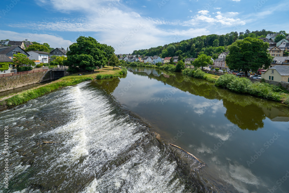 Stadt Runkel an der Lahn in Hessen Fluß Burg Blauer Himmel Mittelalter Stadt Runkel an der Lahn in Hessen Fluß Burg Blauer Himmel Mittelalter