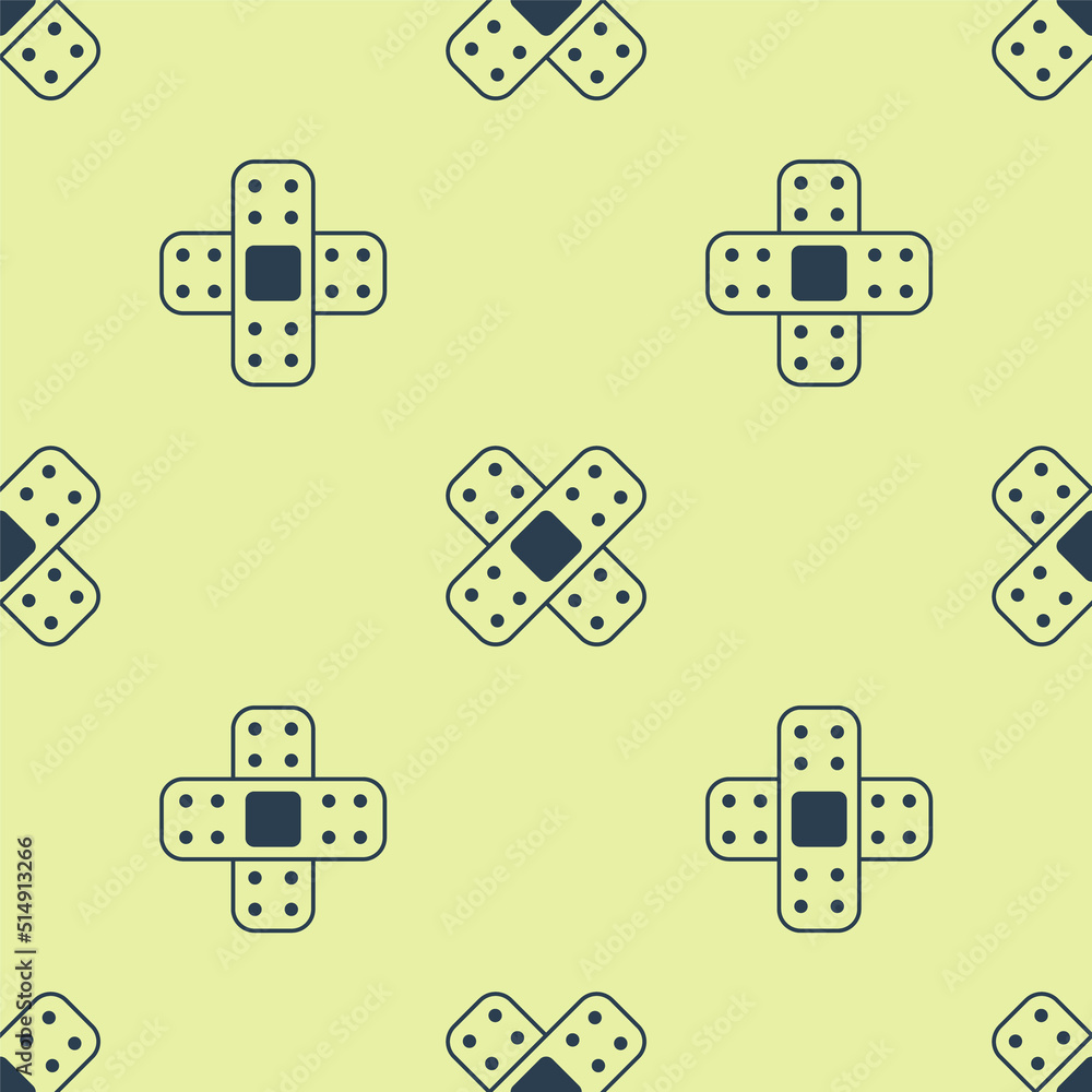 Blue Crossed bandage plaster icon isolated seamless pattern on yellow background. Medical plaster, adhesive bandage, flexible fabric bandage. Vector Blue Crossed bandage plaster icon isolated seamless pattern on yellow background. Medical plaster, adhesive bandage, flexible fabric bandage. Vector