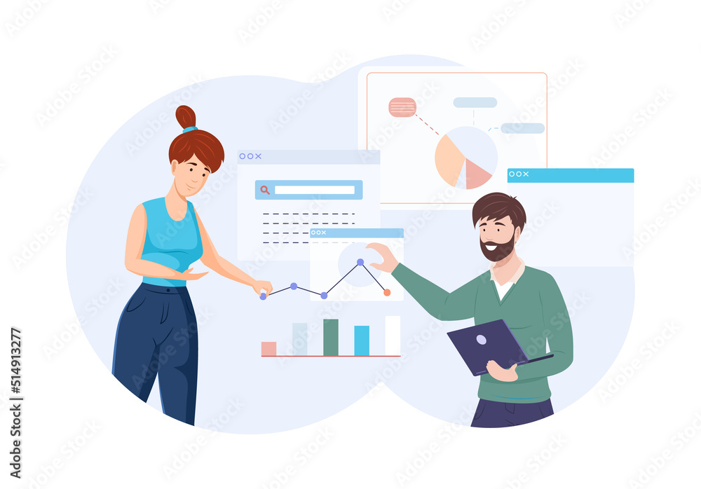 Colleagues analyzing growth charts standing near presentation board. Man and woman coworkers communicating and making presentation. Business data analysis, planning, brainstorming Colleagues analyzing growth charts standing near presentation board. Man and woman coworkers communicating and making presentation. Business data analysis, planning, brainstorming