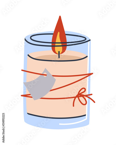 Scented candle in glass, fire burns. Flat vector illustration. Eps10
