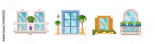 Windows and balconies for house facade exterior design. Classic, vintage and modern balconies with fence railings, balustrades, houseplants and wooden shutters