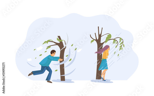 Set of people walking outdoors in stormy weather. Man clinging to tree blown with strong wind. Chilled girl standing under tree during heavy downpour