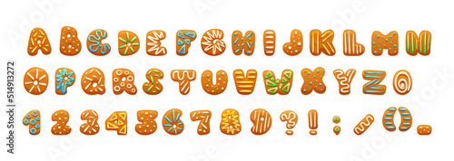 Sweet cookie alphabet, arabic numbers and punctuation marks. Cute icing sugar font letters, numerals and symbols. Christmas and New Year gingerbread cookies English ABC