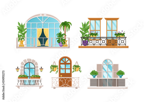 Windows and balconies for house facade exterior design. Classic, vintage and modern balconies with fence railings, balustrades, houseplants and wooden shutters.