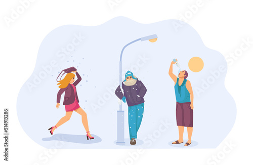 Set of people in severe meteorological weather conditions. Girl walking under hail holding bag over head. Boy standing under falling strong snow.