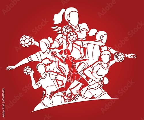 Group of Handball Female Players  Cartoon Sport Action Graphic Vector